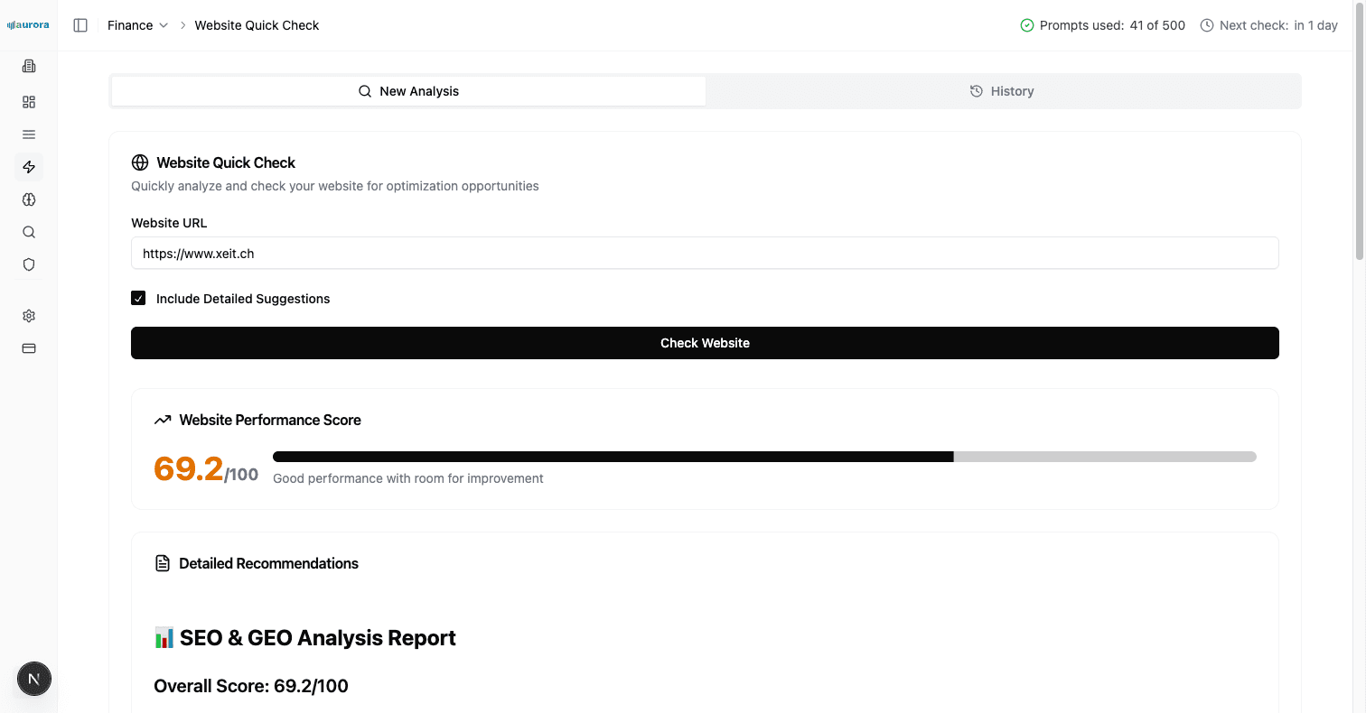 Aurora Website Quick Check mit Website Performance Score von 69,2 von 100 und SEO- & GEO-Analysebericht